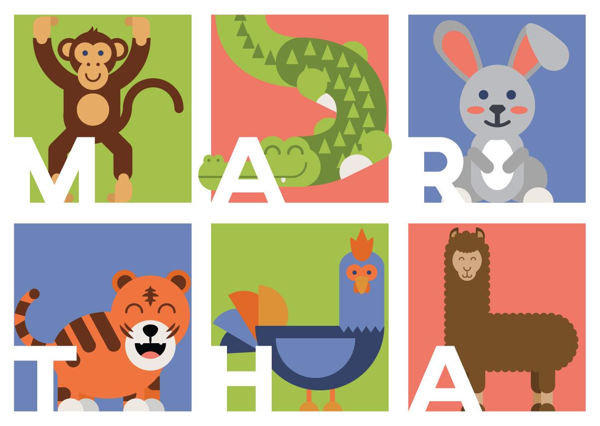 Animals spelling out Martha in a flat design style